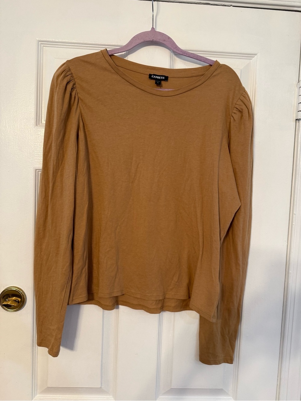 Express Women’s Long Sleeve Puff Shoulder Top in Camel Brown